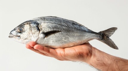 Fototapeta premium photo advertisement for hand holding fish on white background