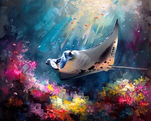 Capture the grace of a side view manta ray gliding through the vibrant coral reef with sunbeams dancing around Traditional Art Medium preferred,