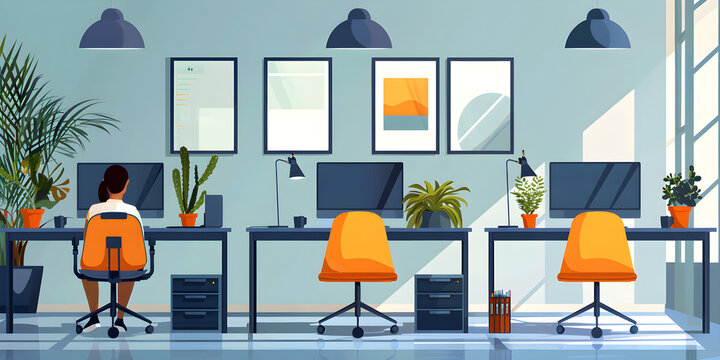 A modern coworking space office with a shared desk, promoting teamwork, collaboration, and productivity.