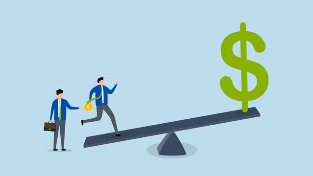 Leverage investing, animation of investors borrow coin from another to use it on a swing to get a big dollar bill.