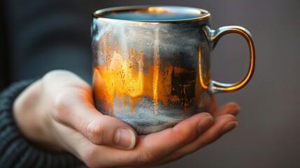 A hand holding a ceramic mug with a glossy metallic glaze in shades of silver gold and copper..