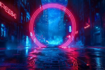 Abstract red blue neon background. Glowing linear volumetric neon round circle in the middle of the city street, under the starry night sky. Digital futuristic wallpaper. 3d render