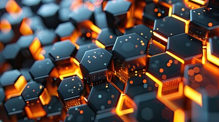 A black and orange hexagonal pattern with a lot of glowing spots