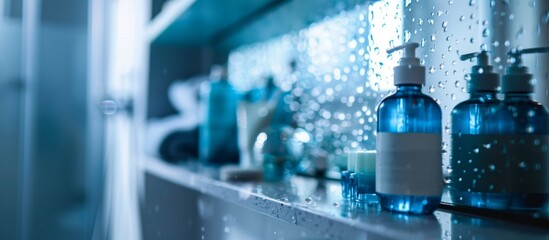 Various containers of soap and lotion are neatly arranged in rows on a shelf for storage and display in a store or bathroom