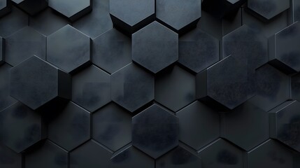 3d render, abstract black background with hexagon pattern in the form of dark grey shapes on a gray wall