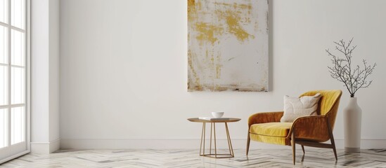Yellow chair placed in a room with white walls featuring a painting hanging on the wall