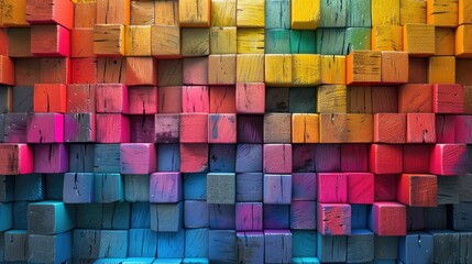 A colorful wall made of wooden blocks