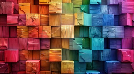 A colorful wall made of wooden blocks