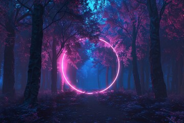 Forest scene with trees and a round portal in neon colors. Concept of the metaverse, paranormal activity or a time machine.