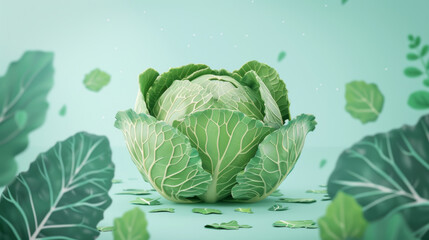 Fototapeta premium Artistic representation of a green cabbage head surrounded by leaves on a teal background, focusing on health.