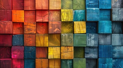 A colorful wooden wall made of different colored blocks