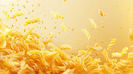 Obraz premium Dynamic image of various pasta shapes seemingly floating on a bright yellow backdrop, giving an impression of movement.