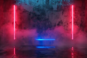 Illustration of 3D rendering. Futuristic Sci-Fi Abstract red and blue neon light figures on the background of walls and reflective concrete with empty space for text. Smoke and smog in neon light