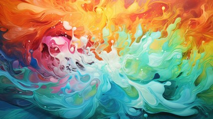 A painting of a colorful explosion of water with a splash of red