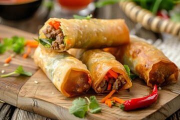 Air-fried rolls with vegetables and meat
