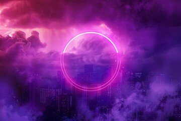 neon ring on background of purple city with blurry clouds