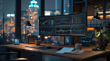 An organized trading desk with multiple monitors displaying stock market graphs in a high-rise office at night.
