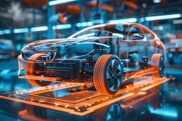 Fototapeta premium a vehicle design and engineering process, showcasing a car with a transparent overlay that reveals its underlying structure and mechanical components in a high-tech industrial environment