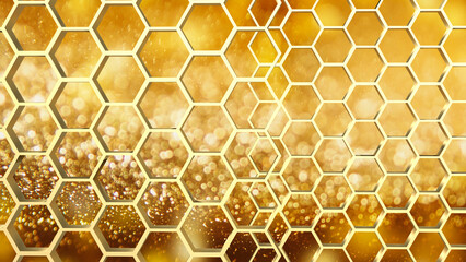 The gold hexagon or beehive pattern on Bokeh Background for sci or medical concept 3d rendering.