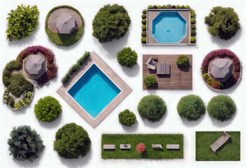'Set lake isolated swimming table set tree Landscaping viewHouse pools Landscape white symbols bench garden top elements View House Top Eye Garden Above Map Element Vector Icon Plan Tree Aerial Pool' - Powered by Adobe