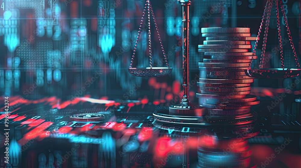 Poster a stack of coins sits on a scale in front of a computer screen