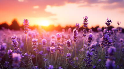 Beautiful lavender meadow under sunset sky
