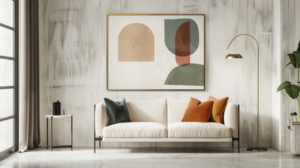 Interior view of the living room of a modern minimalist Scandinavian house, with comfortable sofa chairs, poster frame decorations on the white wall and minimalist interior plants.