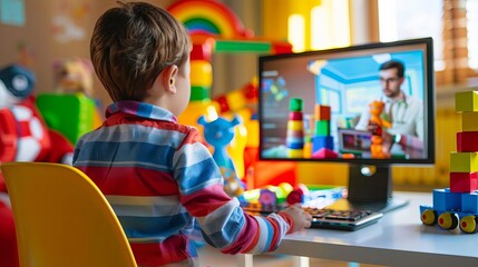 Pediatric telemedicine Child receiving online consultation with pediatrician, colorful toys in the background, focus on screen