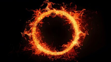 A circular ring of fire on a black background, with smoke swirling around it, creating an intense and dramatic effect. The flames create the shape of a circle. 