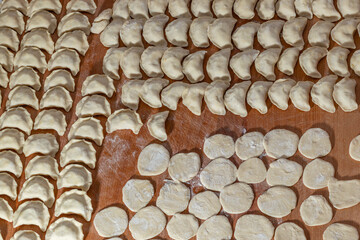 Beautiful rows with dumplings. Ukrainian national dish. Close-up..