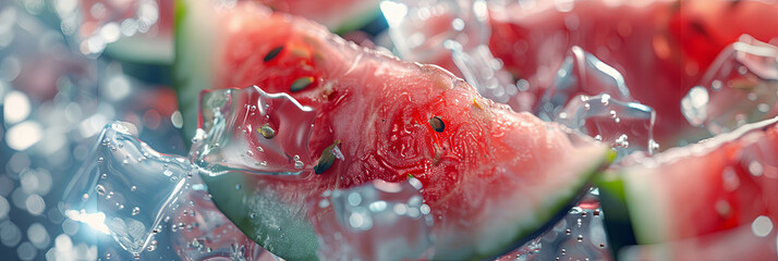 close up of watermelon slices and ice cubes in sparkling water, generative AI