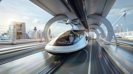 A futuristic train is traveling through a tunnel - obrazy, fototapety, plakaty