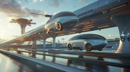 Two futuristic cars are flying through the air on a track - obrazy, fototapety, plakaty