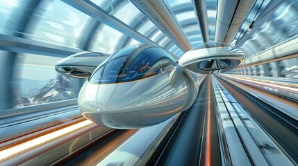 A futuristic train with two white and silver wings is flying through a tunnel - obrazy, fototapety, plakaty