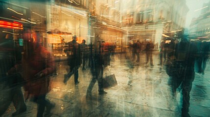Soft edges and blurred shapes create a sense of movement and urgency as if the viewer is caught in the midst of a rush hour crowd on the go. .