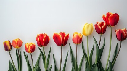 A bouquet of tulips on a white background, with some red and yellow flowers. For Design, Background, Cover, Poster, Banner, PPT, KV design, Wallpaper - obrazy, fototapety, plakaty
