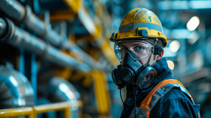 A focused industrial worker wearing a helmet and respirator, ensuring safety amidst heavy machinery.