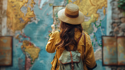 Back view of a woman with a straw hat pointing at a world map, planning her next travel destination.