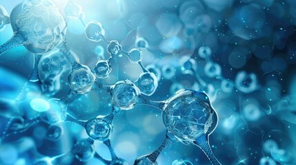 A blue and white image of molecules with a blue background