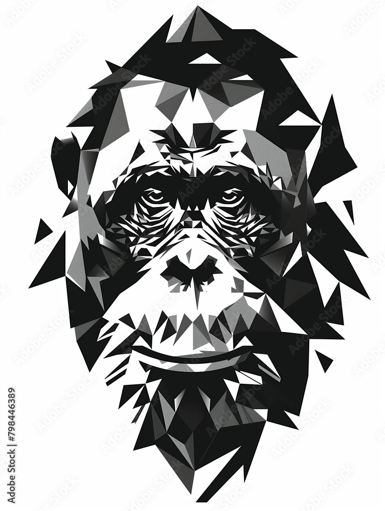 Sticker a black and white geometric pattern of an orangutan head on a white background