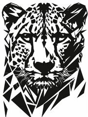 A Black and White Geometric Pattern of a Cheetah Head on a White Background