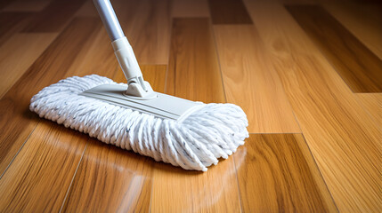 Cleaning of parquet floor with mop indoors - obrazy, fototapety, plakaty