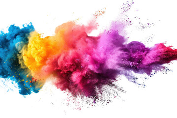 A vibrant cloud of colorful powder, reminiscent of a rainbow, arching across the frame with a spectrum of hues, isolated on a white background for a captivating display.