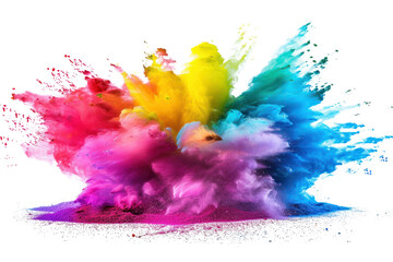 A vibrant cloud of colorful powder, reminiscent of a rainbow, arching across the frame with a spectrum of hues, isolated on a white background for a captivating display.