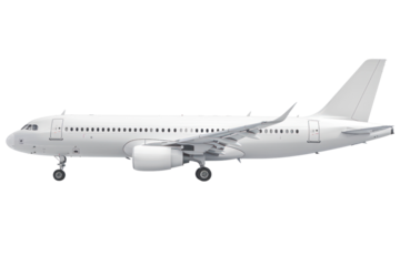 White passenger plane flying in the sky with dramatic clouds in the background, isolated on white background.