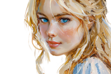 A classic painting of a blonde maiden with piercing blue eyes, her beauty captivating the viewer. ,Isolated on white background.