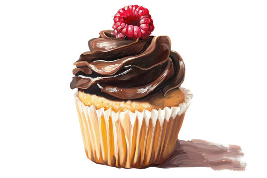 recommend clip art: A classic oil painting of a cupcake with a chocolate frosting and a single raspberry on top. Isolated on white background.