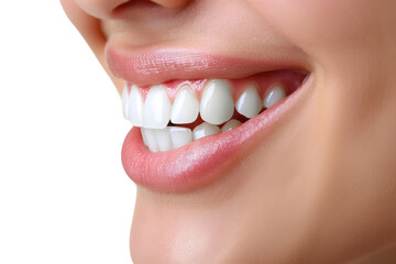 A close-up of a person's mouth revealing their pearly white teeth as they smile, Isolated on white background