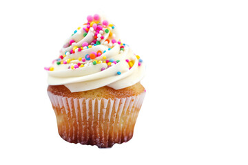A cupcake surrounded by festive party decorations, such as balloons, streamers, and confetti. Isolated on white background