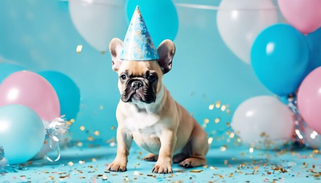 'celebration studio hat Cute baby birthday confetti bulldog day pompon Boy shot. puppy French blue birth dog party happy pet animal funny pug background card q'